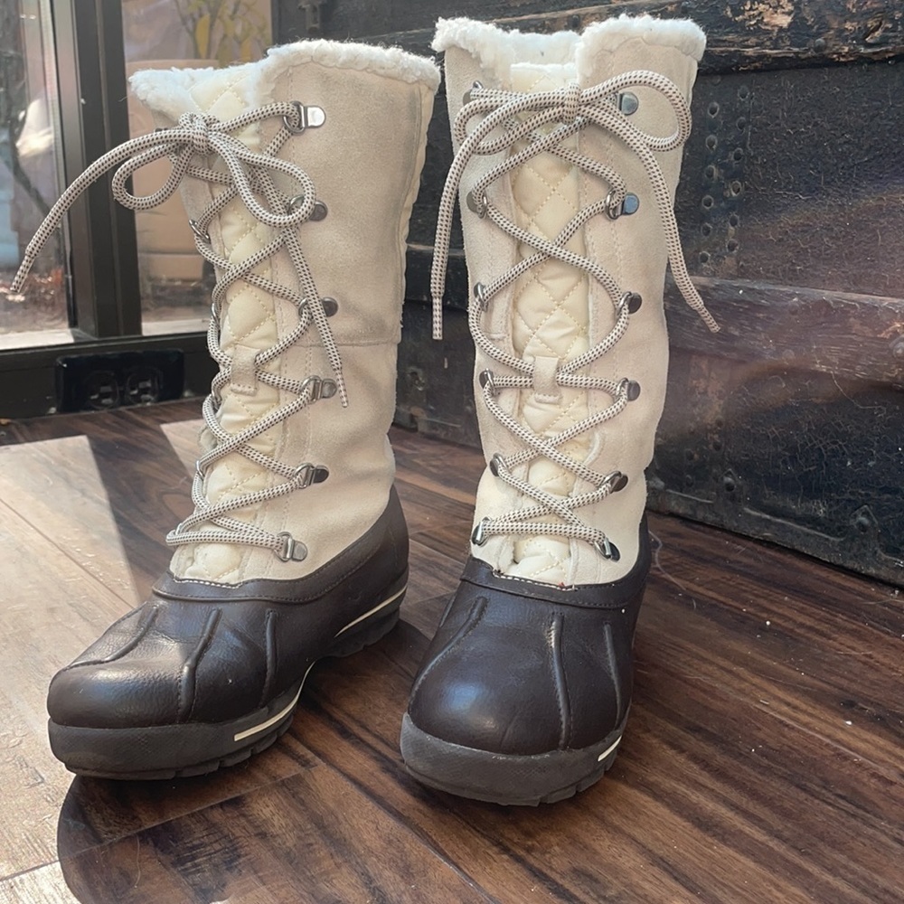 Lands' End Brown Leather and Suede Lace up kids all weather Boots Size 2M